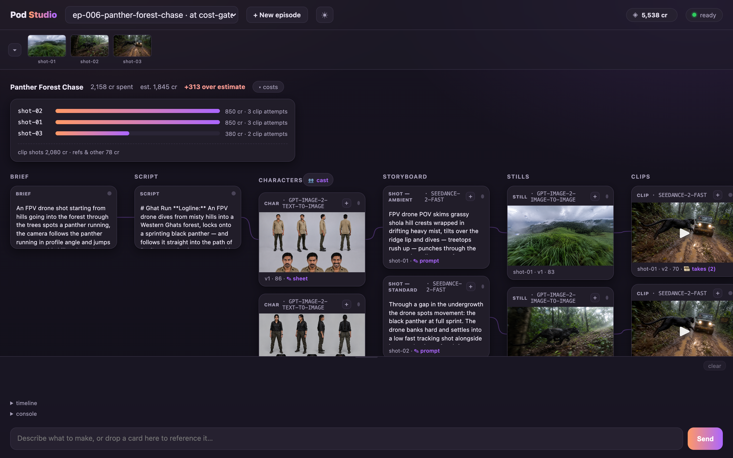 Pod Studio cost panel expanded: each shot has a gradient bar sized to its cost, its credit total and clip-attempt count — shot-01 and shot-02 each 850 credits over three attempts, shot-03 380 over two.