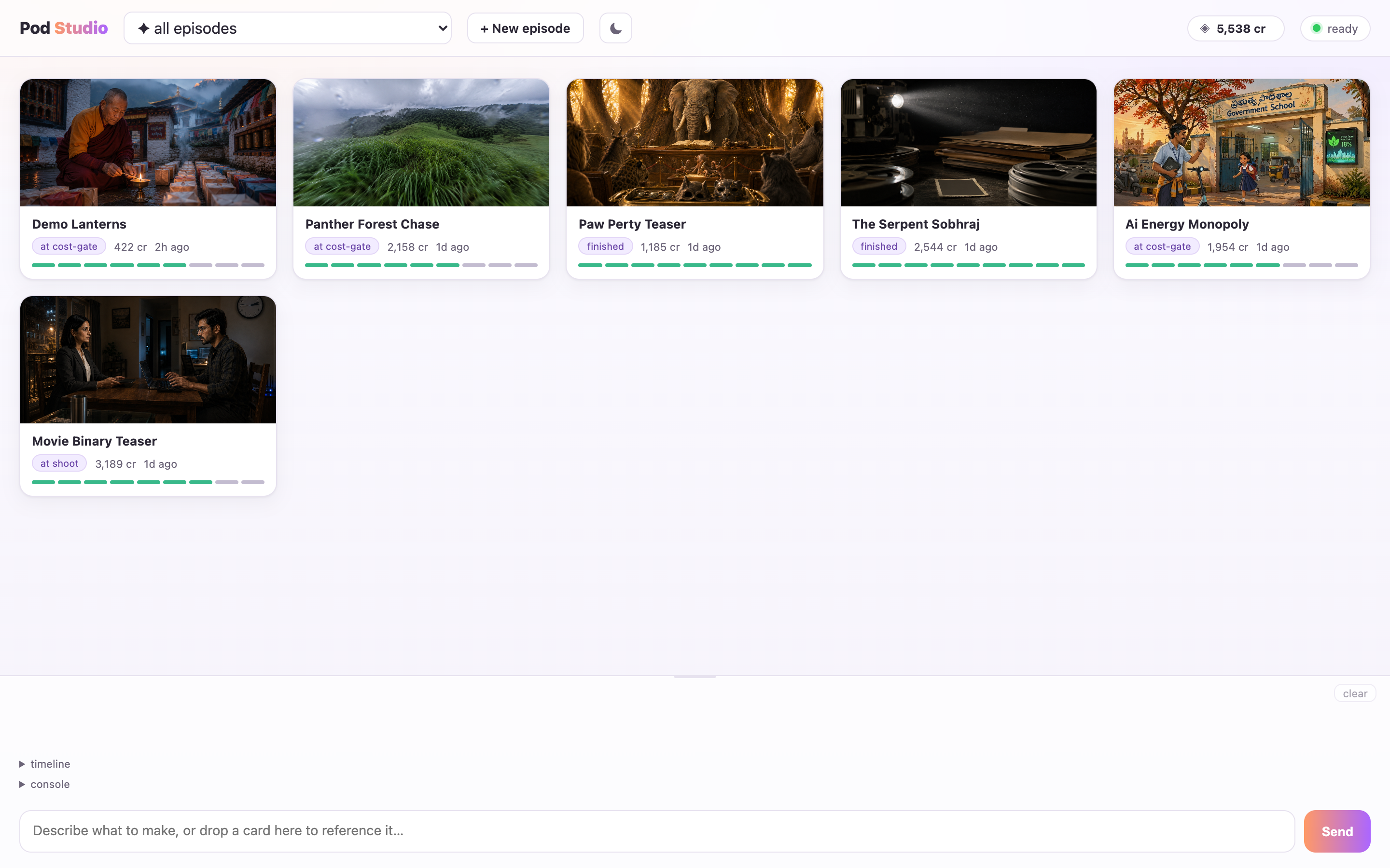 Pod Studio home dashboard: each film is a card with a poster still, a status pill, credits spent so far and a row of progress dots. The live license balance sits in the top-right of the header.