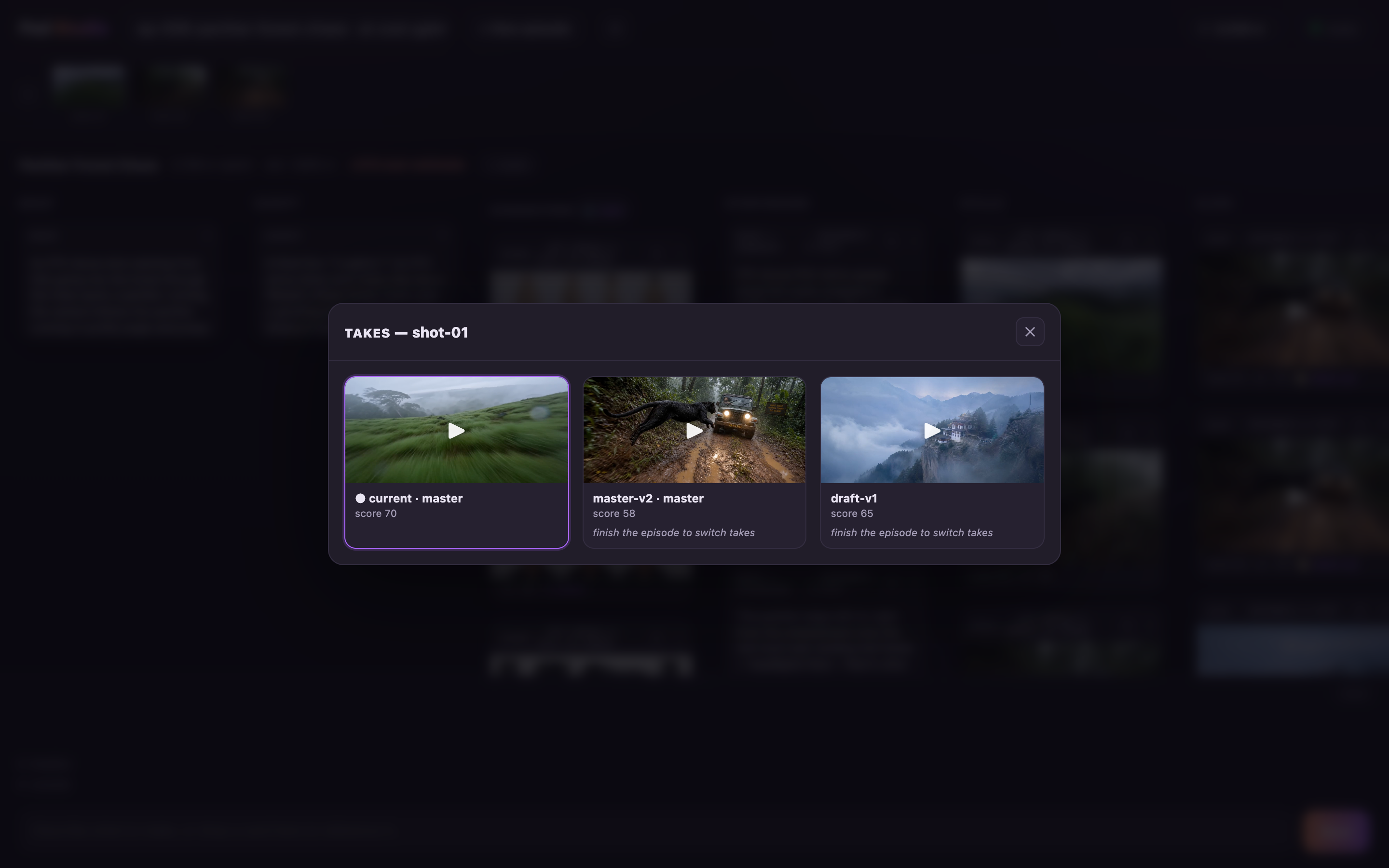 Pod Studio takes browser for shot-01: the current master take scored 70 sits beside an earlier master-v2 at 58 and a 480p draft at 65, the alternates labelled 'finish the episode to switch takes'.