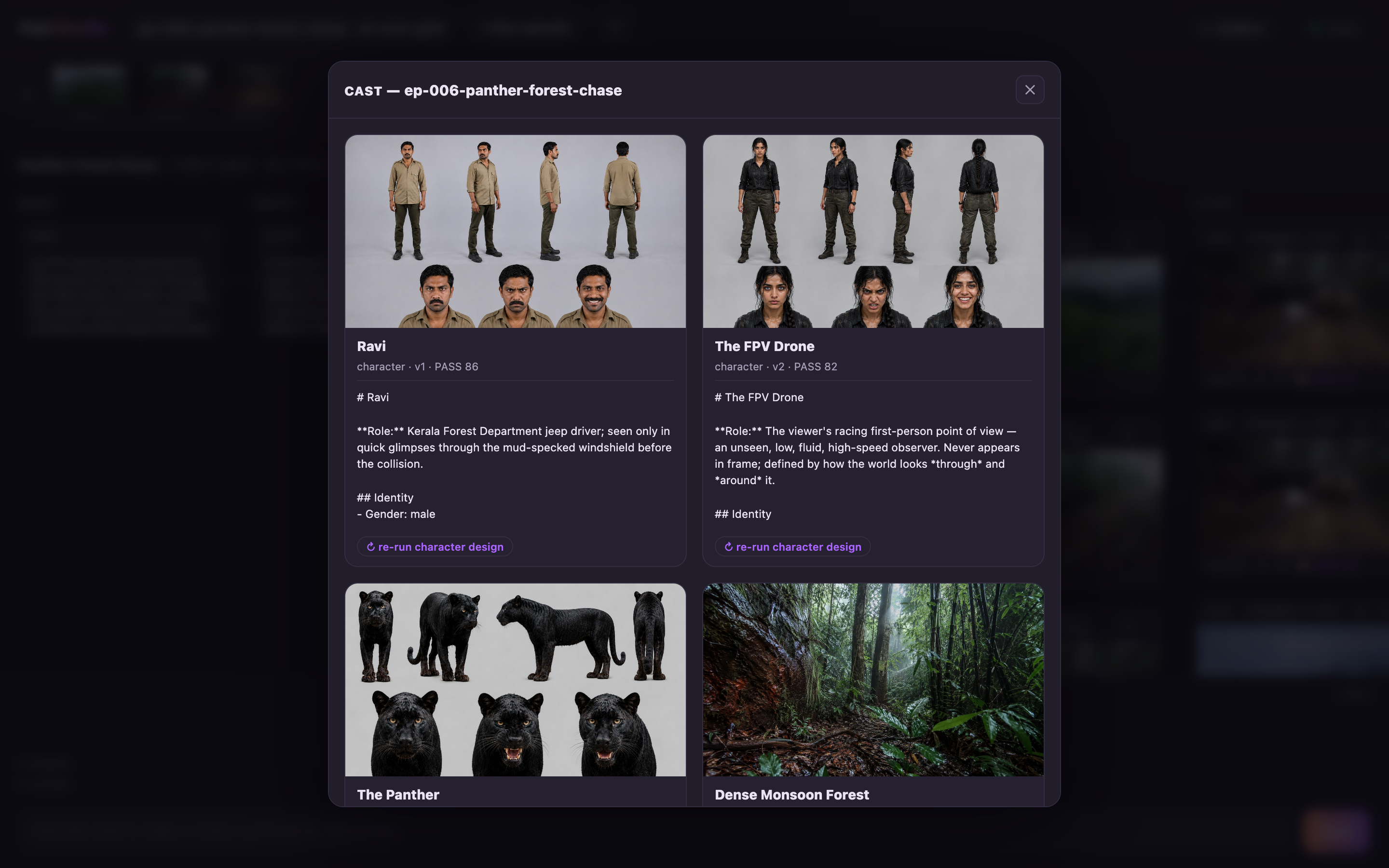 Pod Studio cast gallery: character cards for Ravi (PASS 86) and The FPV Drone (PASS 82) with full turnaround sheets, design-sheet text, and 're-run character design' buttons; a panther and a forest location below.