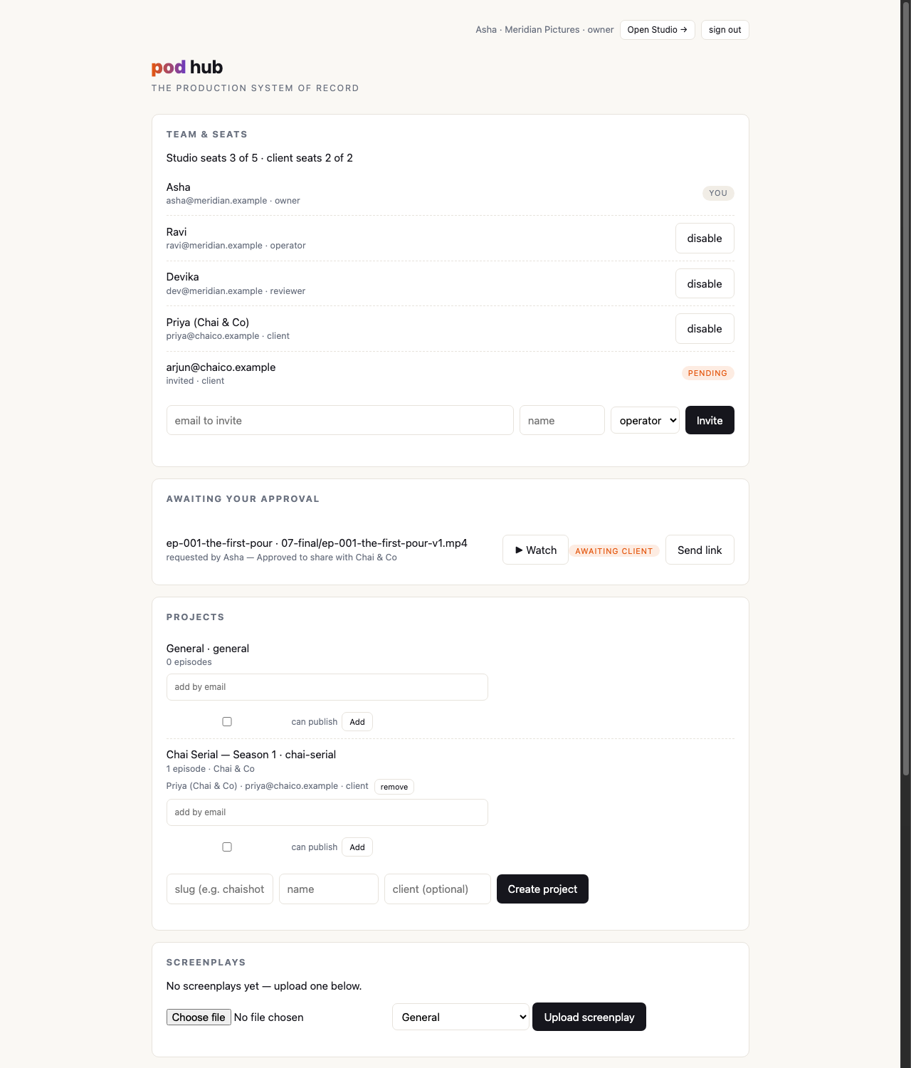The owner's hub straight after publishing. The Pending your approval card is gone; under Awaiting your approval the same cut now reads 'requested by Asha — Approved to share with Chai and Co', with a Watch button, an orange AWAITING CLIENT pill and a Send link button.